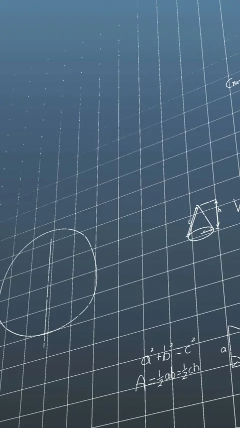 Animation of mathematical equations and diagrams over grid pattern against blue Video stock 343779936
