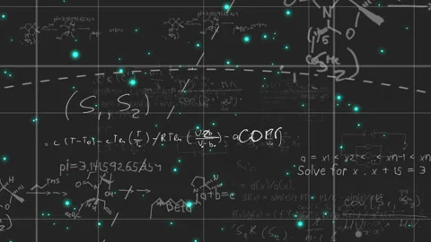 Animation of mathematical equations and glowing points on dark grid background Stock Footage 304765691