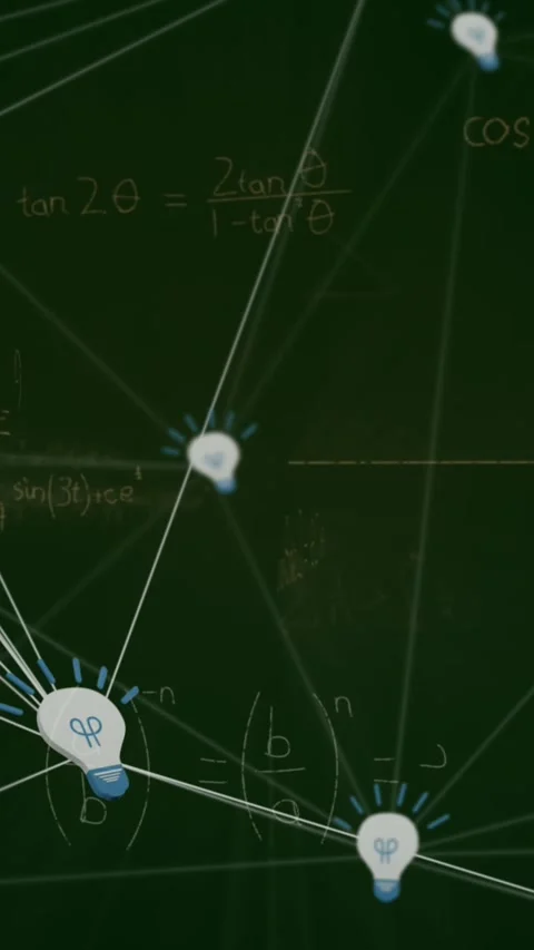 Animation of mathematical equations and network of bulb icons against green Stock Footage 341976682
