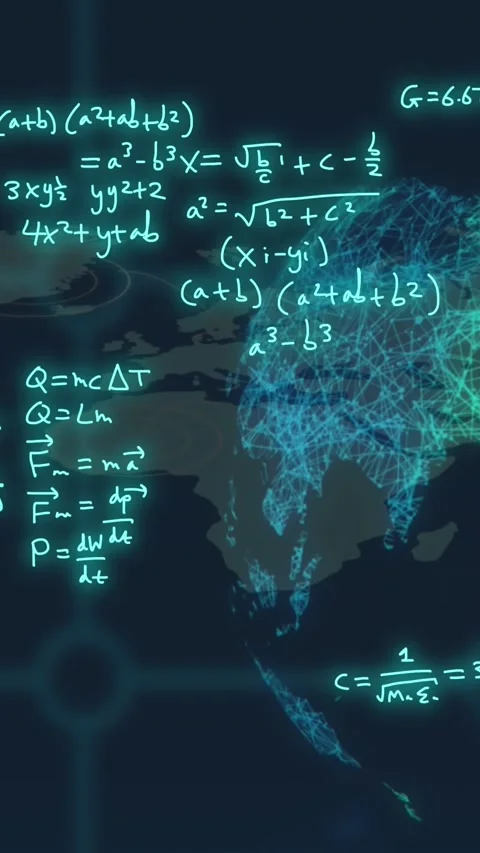 Animation of mathematical equations and rotating globe over map in background Stock Footage 343902584