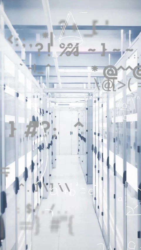 Animation of mathematical equations and shapes over server room Stock Footage 342805944