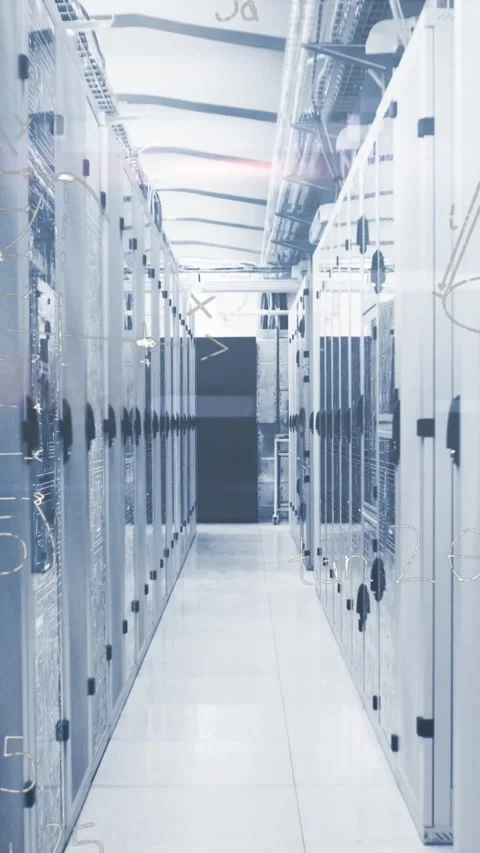 Animation of mathematical equations and symbols over digital server room Stock Footage 344370140
