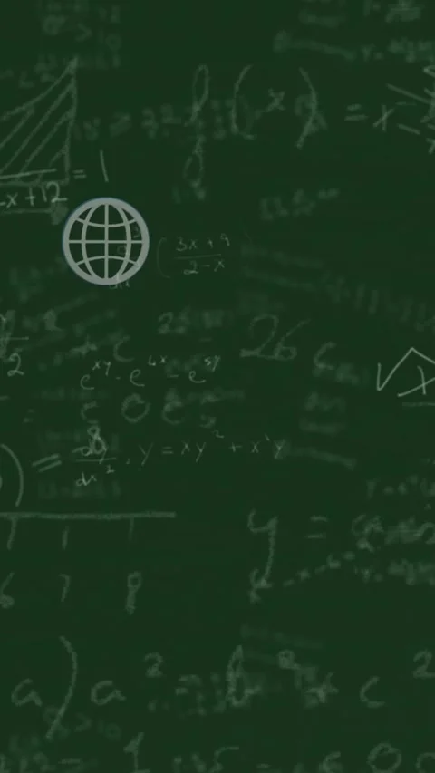 Animation of mathematical equations and web globe icons floating against green Stock Footage 341991595