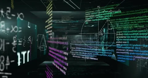 Animation mathematical equations, computer language over medical interfaces on Stock Footage 329924479