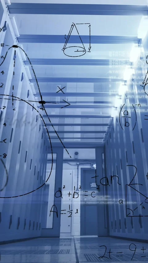 Animation of mathematical equations, diagrams and computer language, low angle Stock Footage 344403071