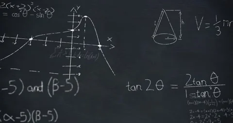 Animation of mathematical equations floating against black chalk board Stock Footage 329924304