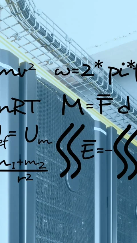 Animation of mathematical equations floating against empty computer server room Stock Footage 344243910