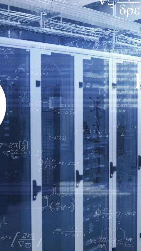 Animation of mathematical equations floating against computer server room Stock Footage 344594556