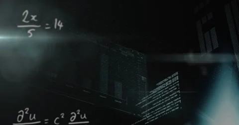Animation of mathematical equations, lens flares, computer language, graph over Stock Footage 329688868