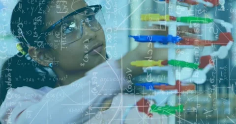 Animation of mathematical equations over african american schoolgirl with models Video stock 327004589
