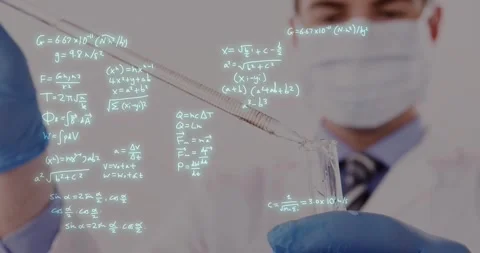 Animation of mathematical equations over caucasian male doctor taking samples Stock Footage 241495424