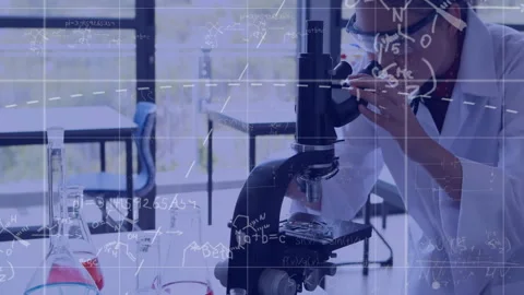 Animation of mathematical equations over caucasian female scientist working in Video stock 310408048