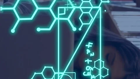 Animation of mathematical equations over caucasian female student using laptop Stock Footage 313320783