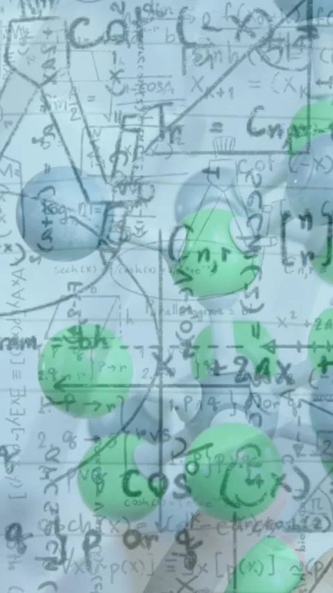 Animation of mathematical equations over caucasian woman with models in Video stock 319068971