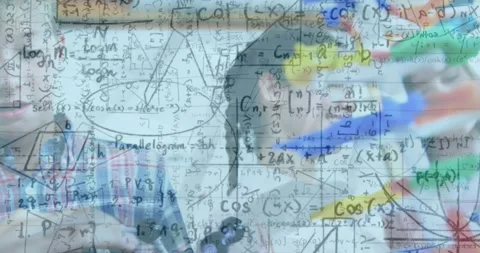 Animation of mathematical equations over caucasian schoolchildren with models in Video stock 327901153