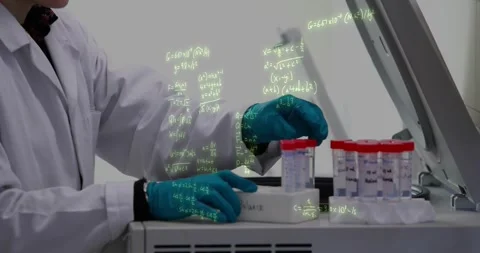 Animation of mathematical equations over caucasian doctor with test tubes Stock Footage 328292407