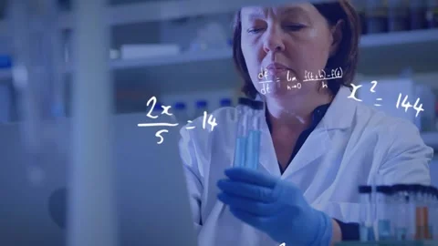 Animation of mathematical equations over caucasian woman holding test tubes and Stock Footage 328462410