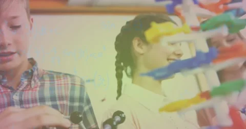 Animation of mathematical equations over caucasian children with model in lab Video stock 329361518