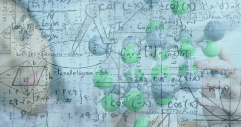 Animation of mathematical equations over caucasian woman with models in Video stock 329367409