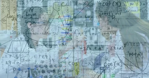 Animation of mathematical equations over caucasian schoolgirls with models in Video stock 330177142