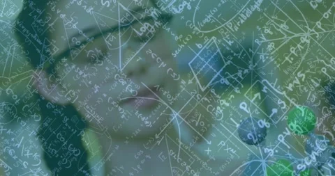 Animation of mathematical equations over caucasian schoolgirl with models in Video stock 330399210
