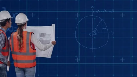 Animation of mathematical equations over caucasian workers with schema Stock Footage 330661744