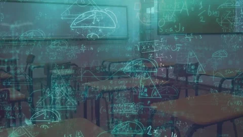 Animation of mathematical equations over classroom Stock Footage 326102553