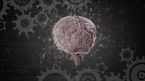 Animation of mathematical equations over cogs and brain Stock Footage 328931231