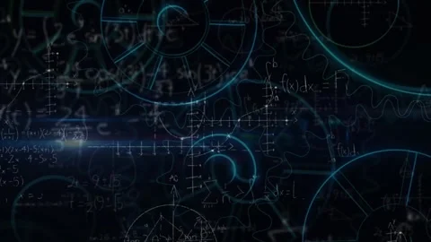 Animation of mathematical equations over cogs on black background Stock Footage 329124354