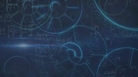 Animation of mathematical equations over cogs on black background Stock Footage 330254199