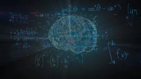 Animation of mathematical equations over digital model of human brain on black Stock Footage 159511917