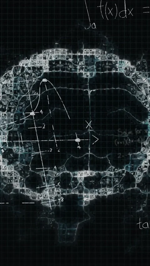 Animation of mathematical equations over digital model of human brain on black Video stock 342805849