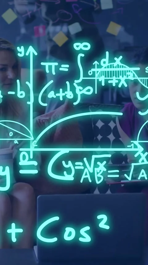 Animation of mathematical equations over diverse female colleagues using laptop Stock Footage 344370209