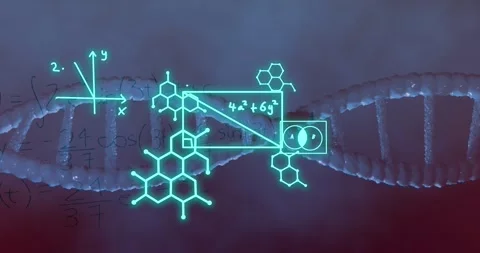 Animation of mathematical equations over dna strand on blue background Stock Footage 329017173