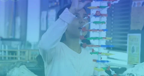 Animation of mathematical equations over girl with model in lab Video stock 329367651