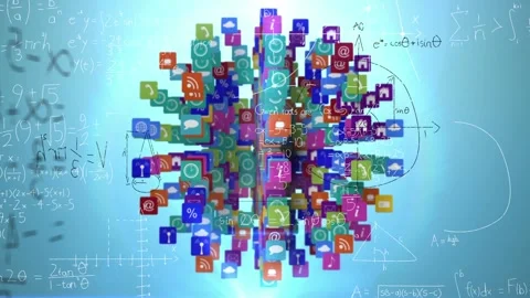 Animation of mathematical equations over globe with icons on blue background Stock Footage 329854081
