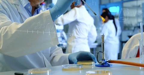 Animation of mathematical equations over group of diverse scientists in lab Stockbeeldmateriaal 328930903