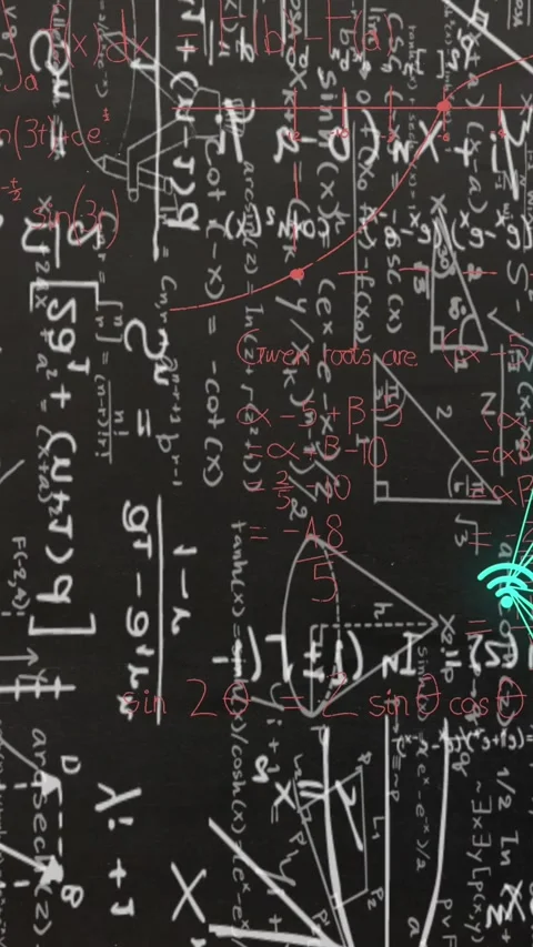 Animation of mathematical equations over icons on black background Видео 344722655