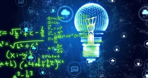 Animation of mathematical equations over light bulb, data icons and networks on Stock Footage 266920353