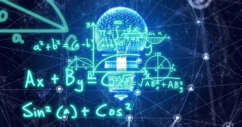 Animation of mathematical equations over light bulb and networks on dark Stock Footage 330735977