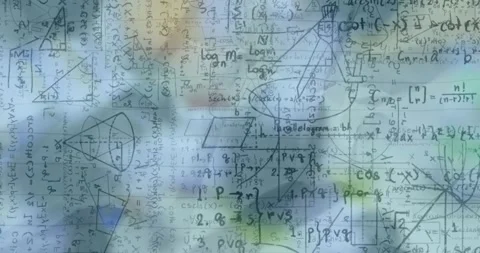 Animation of mathematical equations over models in classroom Video stock 328600859