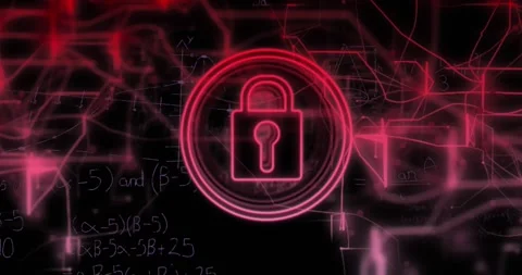Animation of mathematical equations over padlock icon on black background Stock Footage 328299131