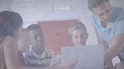 Animation of mathematical equations over school children using laptop in Stock Footage 329917491