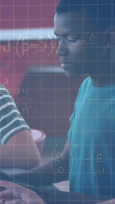 Animation of mathematical equations over schoolchildren using computers Stock Footage 342996185