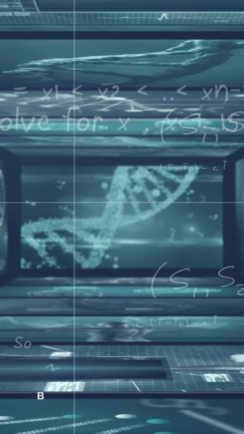 Animation of mathematical equations over screens with dna strand on black Stock Footage 342599557