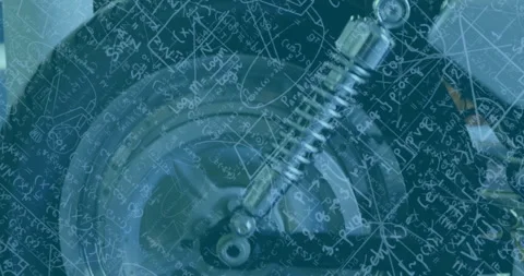 Animation of mathematical equations over wheel in workshop Stock Footage 309841335