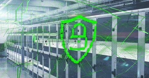 Animation of mathematical equations security padlock and data processing over Stock Footage 330402536