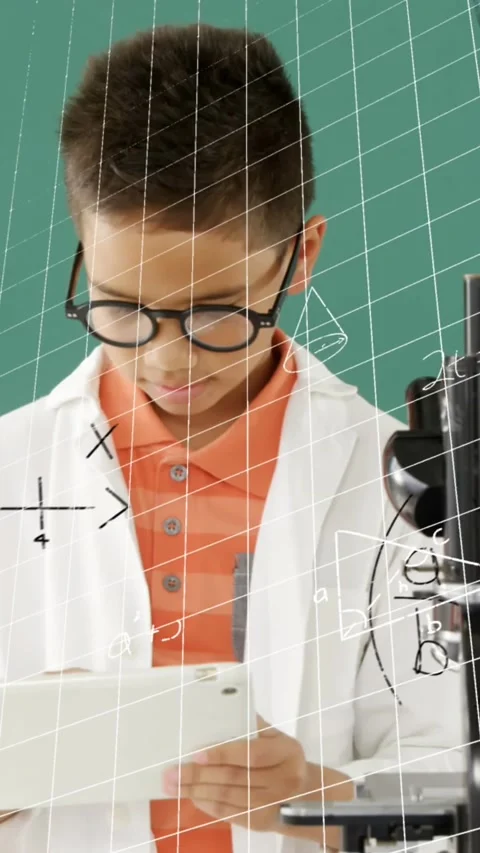 Animation of mathematical formulae over smiling schoolboy using tablet Stock Footage 343920002
