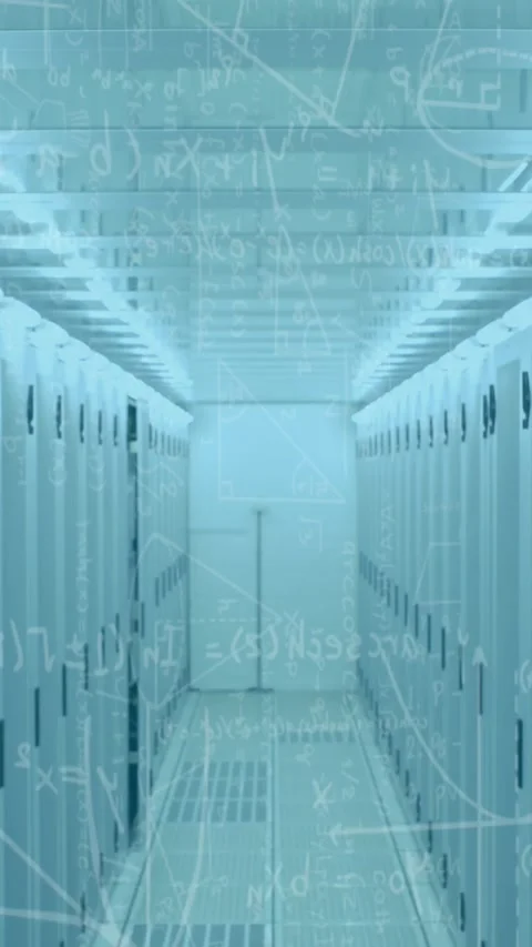 Animation of mathematical formulae over tech room with computer servers Stock Footage 320288746