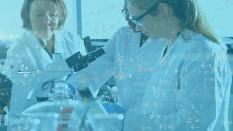 Animation of mathematical formulas over diverse scientists using microscope in Video stock 326630392